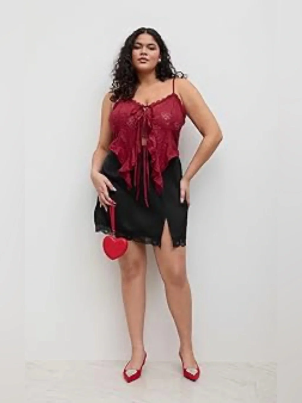 Cider Lace Ruffle Hem Knotted Tie-Front Crop Top in Deep Red - Picture 3 of 10